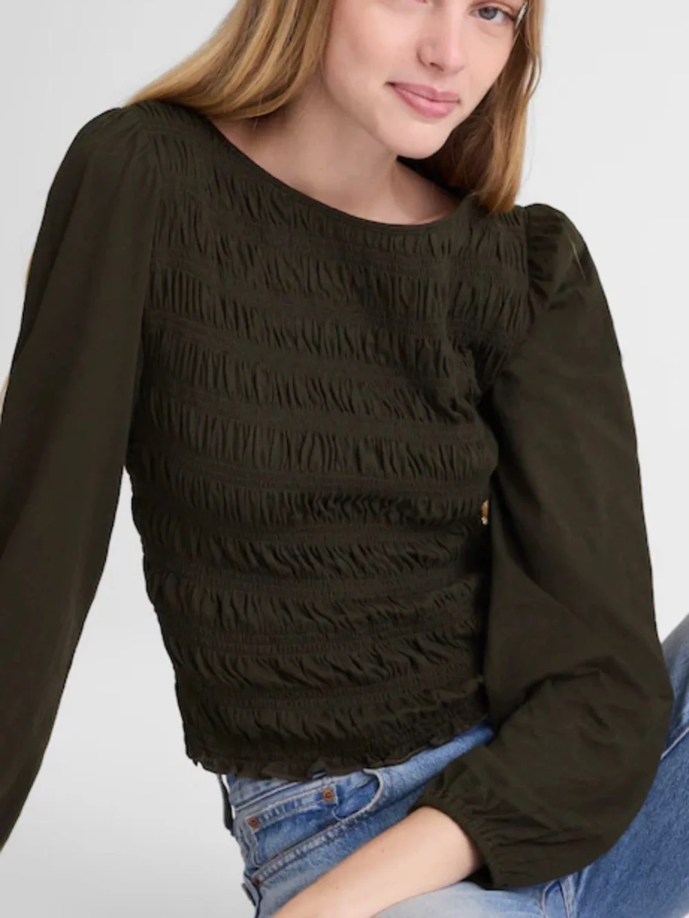 Madewell midnight olive Smocked Boatneck Top